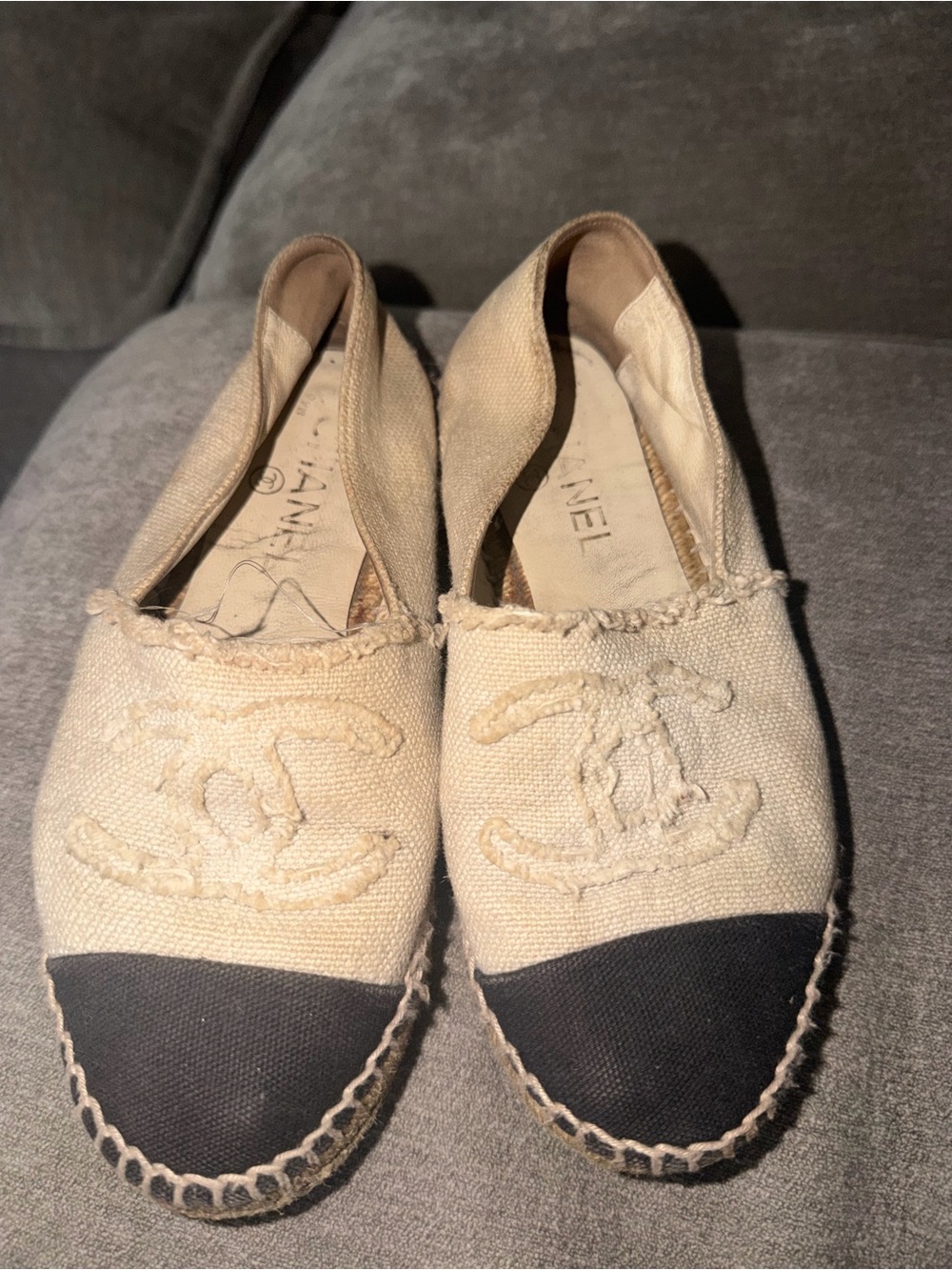 CHANEL Cream Canvas Espadrilles with Black Toe Cap